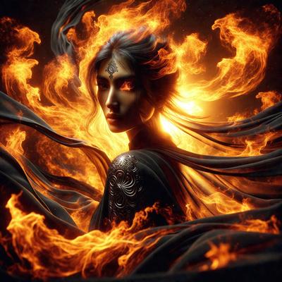 The primary subject of the image is a woman with long hair, wearing a black dress and a silver necklace. She is standing in front of a fiery background, which adds a dramatic and intense atmosphere to the scene. The visual style of the image is digital art, as it appears to be a digital painting or illustration. The colors in the image are predominantly black and orange, which contribute to the overall mood of the scene.